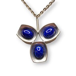 Jorgen Jensen Necklace Pewter Blue MCM Danish Modern Glass Pendant 220B